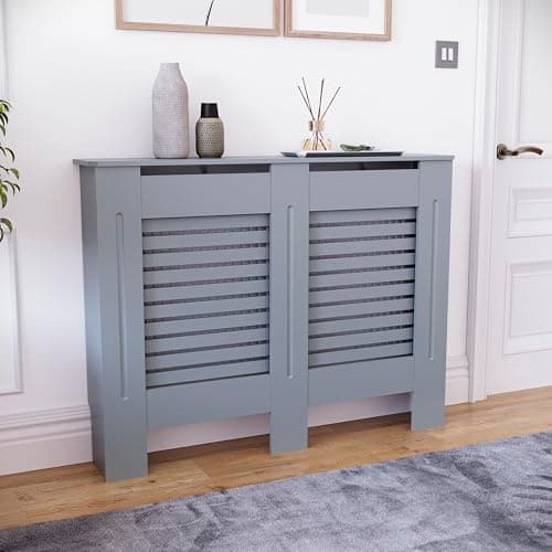 Image of Vida Designs Milton Radiator Cover Grey - Medium - Modern Horizontal Slat Design For Optimal Heat Circulation - H82xW111xD19cm - Painted MDF Cabinet Ideal For Living Room & Hallway