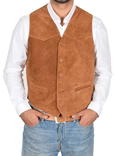 Image of House Of Leather Mens Real Suede Waistcoat Classic Style Vest Don (M, Tan)