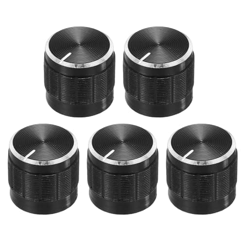 Image of sourcing map 5pcs Potentiometer Knob Knurled Shaft Black Tone Aluminum 6mm Shaft Dia. Rotary Knob 15mmx13mm Volume Control Knob