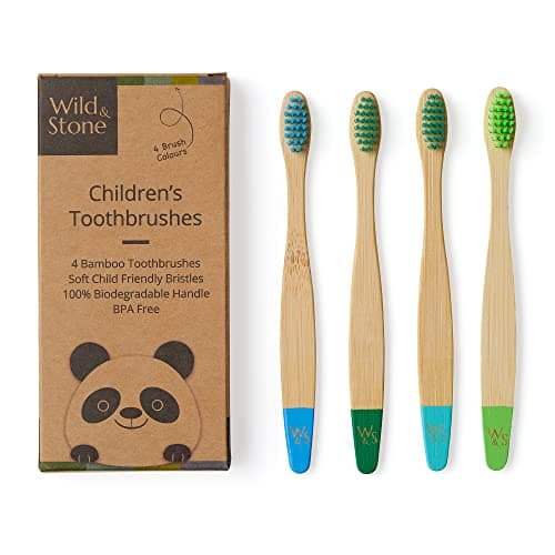 Image of Wild & Stone | Organic Children's Bamboo Toothbrush | 4 Pack | Soft Fibre Bristles | 100% Biodegradable Handle | BPA Free | Vegan Eco Friendly Kids Toothbrushes (Aqua)