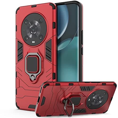 Image of DERHAN Case for honor Magic 4 Pro 5G, Shockproof Armour Phone Case with 360° Rotating Stand, Hard PC TPU Silicone Protective Cover Bumper - Red