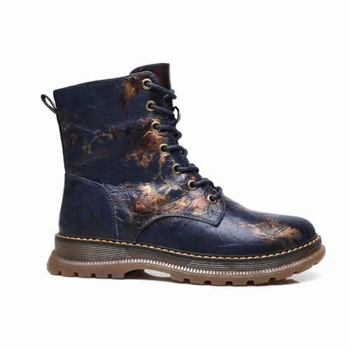Image of IVACHY Ladies Combat boots- Chunky - Womens Lace up ankle boots- Zip up Closure- Metalic- VEGAN- Warm Lining- Size UK 3 to 7.5
