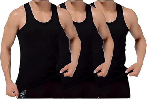 Image of 3PK Mens Sleeveless Vests 100% Cotton Gym Top Summer Training Gym Bodybuilding Tank Tops Basic Plain Colour Casual Undershirt (Large Black)