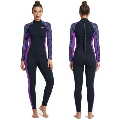 Image of Owntop Women Wetsuit 3/2mm Neoprene Full Body Dive Suit, Back Zip Long Sleeve Wet Suits for Scuba Diving Surfing Snorkeling, Thermal for Cold Water with UV Protection, Purple Leaf L