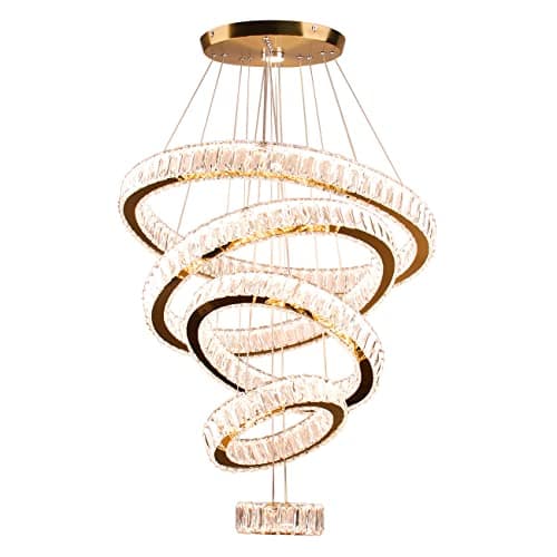 Image of Crystal LED Chandeliers Modern 5 Rings Pendant Light Adjustable Height Ceiling Lamp for Bedroom Dinning Room Living Room Kitchen (Titanium Gold,Warm White)