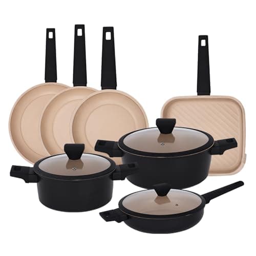 Image of Gr8 Home Casamema Forged 10 Piece Black Marble Carbon Steel Cookware Set Non Stick Cooking Pot Frying Grill Pan Saucepan Kitchenware with Lids
