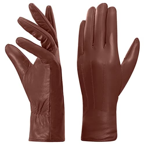 Image of Harssidanzar Leather Gloves For Women's,Winter Warm Fleece Lining Touchscreen Vintage Finished GL018UK5,Cognac,Size L