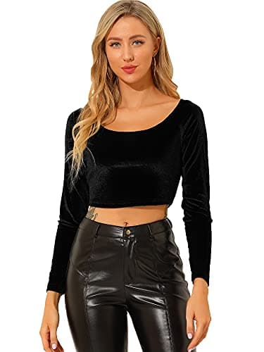 Image of Allegra K Women's Velvet Long Sleeve Crops Off Shoulder Solid Crop Top Slim Fit Saree Blouse Black S