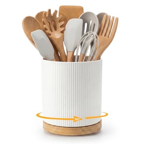 Image of 360° Rotating Utensil Holder - Large Ceramic Rotating Utensil Jar, 15.5 x 19.7 CM Modern Kitchen Utensils Holder for Countertop, Ceramic Cooking Utensil Organizer for Spoons Spatulas Whisks, White