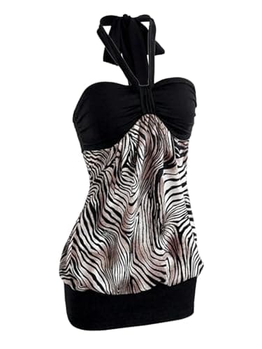 Image of GORGLITTER Women's Zebra Striped Halter Neck Mini Dresses Color Block Ruched Slimming Sexy Party Dress Black Small