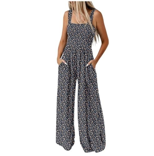 Image of Keepink Women Jumpsuit Elegant Ladies Dungarees Smocked Baggy Wide Leg Rompers Floral Bohemian Pants Sleeveless Strappy Overall with Pocket Loose Casual Playsuit for Summer Holiday Beach