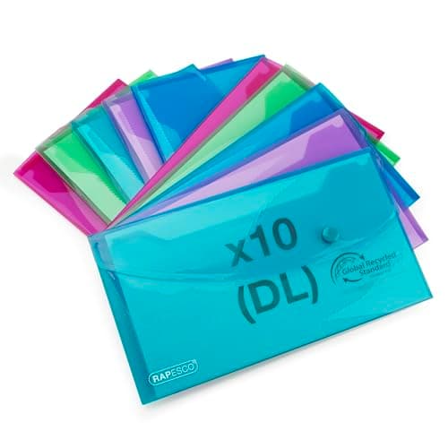 Image of Rapesco 1844 ECO Recycled Popper Wallets, DL, Assorted Bright Transparent Colours, Pack of 10