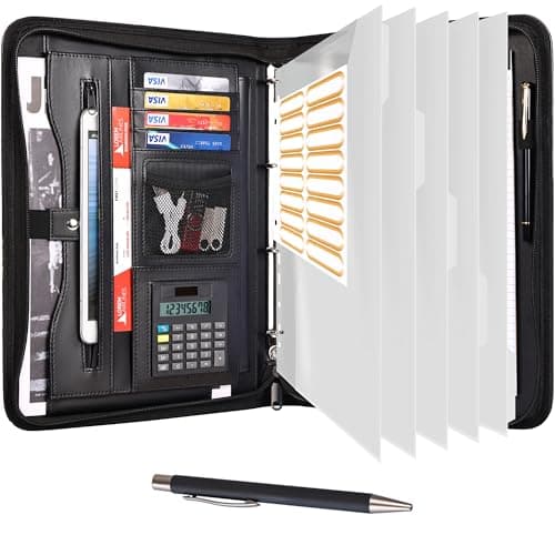 Image of Leathario Portfolio Folder A4, Vegan Leather Conference Folder, 4-Ring Travel Document Holder with 5 5-Part File Dividers, Multi-Pocket Document Folder Organiser, Office Supplies