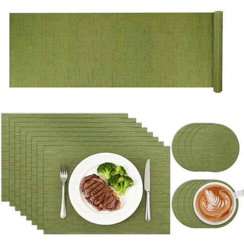 Image of AZKEEGREY 17 Pcs Heat Resistant Green Placemats Table Mats Set 8 Placemats, 8 Coasters,1 Long Table Mat Washable Anti Slip Table Place Mats and Coaster Sets for Home,Restaurant,Outdoor