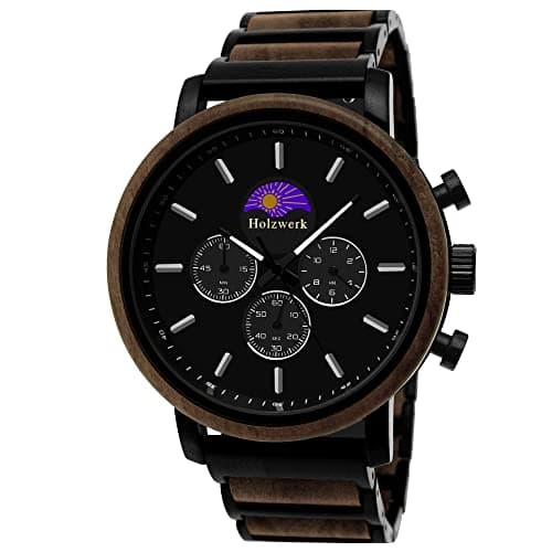 Image of Holzwerk Germany Handmade Designer Men's Watch Eco Natural Wood Watch Chronograph Bracelet Watch Analogue Quartz Watch Brown Black Blue Silver with Moon Phase, Black., Watch