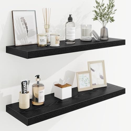Image of 32in Floating Shelves for Wall, 32"W x 9.25"D x 1.25"H, 2 Pack Long Wall Mounted Engineered Wood Shelves with Invisible Brackets for Living Room, Bedroom, Bathroom, Kitchen Decor and Storage, Black
