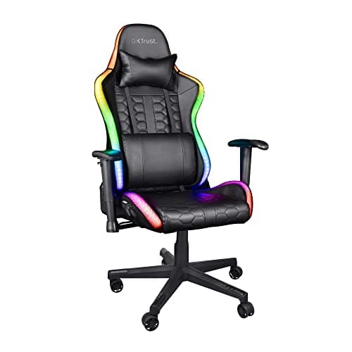 Image of Trust Gaming Chair with RGB LED-illuminated Edges GXT 716 Rizza - Ergonomic PC Desk Swivel Chair with 350 Colours and Effects, Full Rotatable Seating, 175° Tiltable Backrest - Black