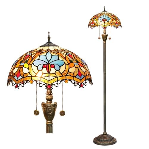 Image of Blivuself Tiffany Floor Lamp Stained Glass Floor Light Bright Lighting Rustic Standing Lamp Vintage Unique Bronze Reading Corner Lamp for Home Decor Living Room Bedroom 16X16X64 Inches