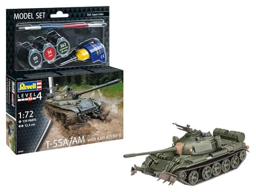 Image of Revell Model Set 63328 T-55A/AM with KMT-6/EMT-5 Mine Plough 1:72 Scale Unbuilt/Unpainted Plastic Model Kit with Accessories