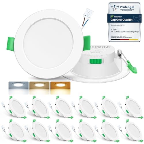 Image of ALUSSO LIGHTING LED Recessed Ceiling Lights 7W Ultra Slim Dimmable Downlights IP44 Spotlights for Bathroom Kitchen, 3000K Warm White 4000K Neutral White 6500K Cool White Adjustable, Round White 12Pack