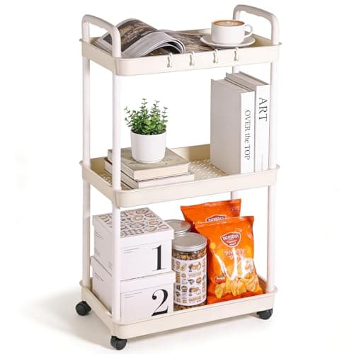 Image of 3-Tier Storage Trolley on Wheels, Slim Rolling Utility Cart with Handle and Hooks, Space-Saving Mobile Shelving Organizer for Kitchen, Bathroom, Laundry Room, Bedroom & Narrow Places, Plastic(White)