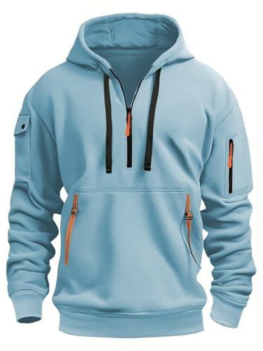 Image of MakingDa Mens 1/4 Zip Pullover Hoodie Zipped Pocket Fleece Drawstring Long Sleeve Tracksuit Tops Cuff Shirts Hooded Loose Fit Casual Classic Fashion Work Hoody Sweatshirts Light blue 3XL