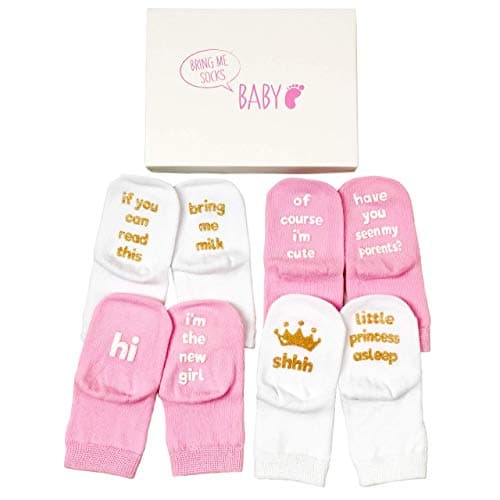Image of bring me socks Baby Girl Sock Gift Set - Unique Baby Shower or Newborn Baby Girl Present - Pack of 4 presented in a gift box
