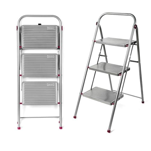 Image of Kleeneze KL068514EU 3-Step Folding Stepladder – Large Step Stool with Non-Slip Feet, Collapsible for Compact Storage, Strong Steel Structure, Safety Clip, 150kg Weight Capacity, 105cm High, Pink/Grey