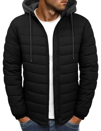 Image of Lonya Mens Puffer Jacket Lightweight Puffy Padded Coat Warm Hooded Autumn Winter Windproof Quilted Jacket for Men Zip Up with Pockets for Hiking Camping Travelling, Black, XXL