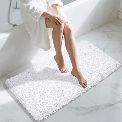 Image of Yimobra Luxury Chenille Bath Mat, Extra Soft and Absorbent Shaggy Bathroom mats Non Slip, Machine Washble Dry, Plush Floor Carpet for Tub, Shower, and Bath Room, White, 112 x 61 cm