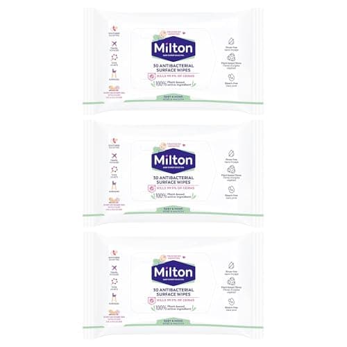 Image of 3 x Milton Antibacterial Surface Wipes 30 Wipes Powerful Cleaning Wipes for Kitchen Bathroom Baby Items and Household Surfaces Gentle No Rinse Formula for Everyday Hygiene Cleaning