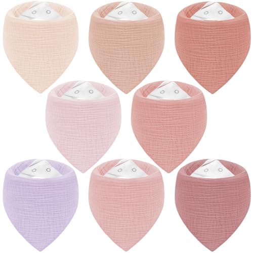 Image of Yukkidds Muslin Bibs 8 Pack Bandana Dribble Bibs 100% Cotton for Teething, Adjustable Snap Drool Bibs for Newborn&Baby Boys Girls 0-36 Months Purple&Pink