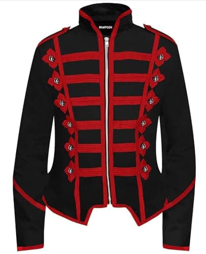 Image of Pamposh Women Steampunk Hussar Military Drummer Parade Jackets - Emo Punk Women Jackets - Napoleon Gothic Clothing - Ladies Marching Band Jacket (UK, Alpha, L, Regular, Regular, Black & Red)