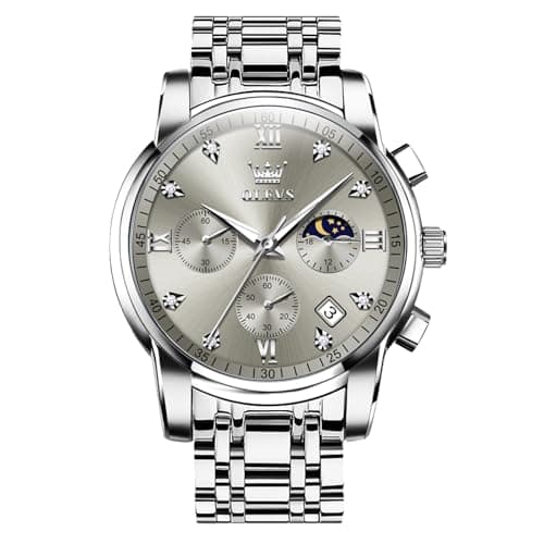 Image of OLEVS Watches for Men Big Face Silver Stainless Steel Chronograph Watch Men Luxury Classic Grey Diamond Analog Quartz Men's Watch Roman Numerals Luminous Waterproof with Date Mens Watches