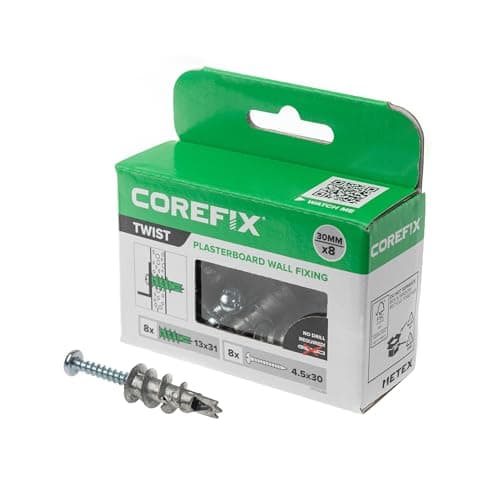 Image of Corefix Twist Metal Plasterboard Fixing Pack of 8 Self-Drill Fixings with Screws for Tight Grip and Strong Hold. Easy To Install With NO Drill Required Suitable For All Plasterboard Types.