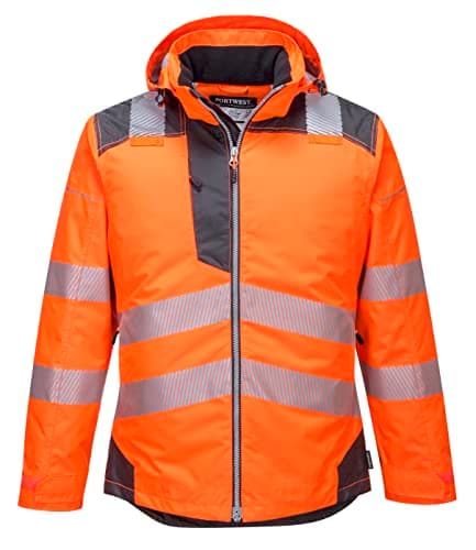 Image of Portwest PW3 T400 Mens Hi Vis Hooded Work Jacket Waterproof Lightweight Quilt Lined Thermal Winter Safety Coat 300D Oxford Reflective Tape for Construction Rail Utility, Orange/Black, XXXL