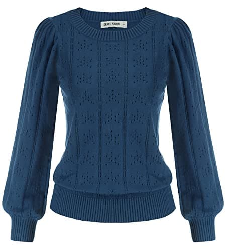 Image of GRACE KARIN Elegant Puffed Long Sleeve Sweater Women Autumn Winter Hollowed Out Pullover Casual Daily Knitted Tops Navy Blue S