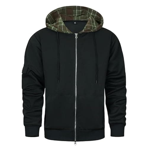 Image of AOTORR Men's Hoodie Full Zip Hoodies Sweatshirt Patchwork Top Long Sleeve Hoody Casual Tops with Pockets Black XL