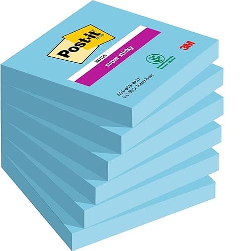 Image of Post-it Super Sticky Notes, 540 Sheets, Pack of 6 Pads, 76 mm x 76 mm - Holds Strong to Many Surfaces - Blue - for Walls, Monitors and Fridge, Recycable