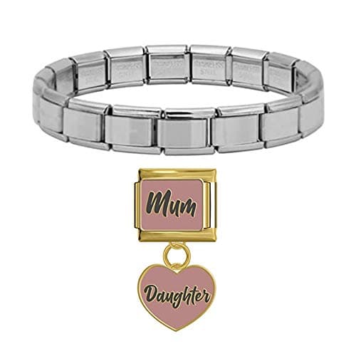 Image of Gold Mum and Daughter Dangle Heart Charm with Silver Bracelet fits all classic 9mm Italian Style Charm Bracelet - UK stock