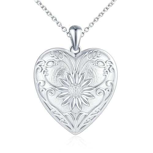 Image of Sunflowers Locket Necklace for Women That Holds Pictures:925 Sterling Silver Heart Photo Pendant Necklaces-Hypoallergenic Locket Necklace with Picture-Personalised Jewelry Lockets Gifts for Her Silver