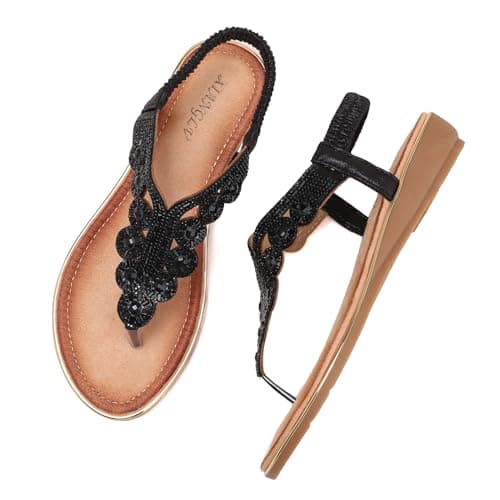 Image of Galindopia Flat Thongs Sandals Rhinestone Beaded Bohemia Beach Shoes For Women Elastic Ankle Strap Comfortable Cushion Padded Flip Flops Black Size 37