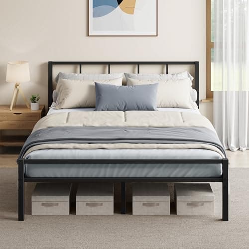 Image of VASAGLE Double Bed Frame, 135 x 190 cm, with Slats and Headboard, Metal Platform Bed, Supports Up to 500 kg, Easy Assembly, Modern Bedroom Furniture, Ink Black RMB296B101