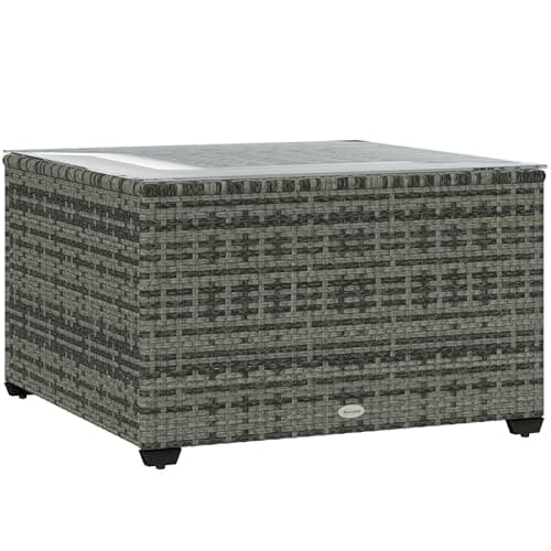 Image of Outsunny Outdoor Coffee Table, PE Rattan Side Table with Tempered Glass Top, Wicker Square Garden Coffee Table End Table with Steel Frame for Patio, Balcony, 60 x 62 x 38cm, Light Grey