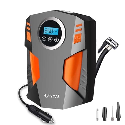 Image of SYTUNG Digital Tyre Inflator, Portable Air Compressor Car Tyre Pump with 3 Nozzle Adaptors and Digital LED Light, 12V Rapid Electric Car Tyre Inflator Air Pump for Tires and Other Inflatables