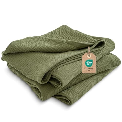 Image of PHF 100% Cotton Muslin Throw Blanket Double Size 150x200cm, 4-Layer Ultra Soft Lightweight Breathable Gauze Blanket for Summer, Elegant Home Decoration for Couch Sofa Bed, Olive Green
