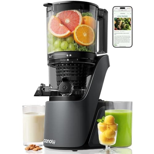 Image of Canoly Juicer Machines, 150 MM&2.6L Large Feed Chute Cold Press Masticating Juicer, 3-IN-1 Strainers (Juice & Sorbet & Nut Milk), Powerful AC Brushless Motor, Self Precut System, BPA Free, Space Gray
