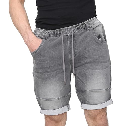 Image of NOROZE Men's Denim Cargo Shorts Elasticated Waist Drawstring Multi-Pockets Knee Length Summer Turn Up UK Size 30-40 Black