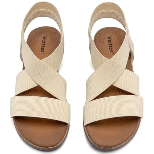 Image of Veittes Women's Flat Slide Sandals - Fashionable Elastic Ankle Strap, Comfort Soft Sole Summer Casual Sandals.(BG/MF,Size 7.5)