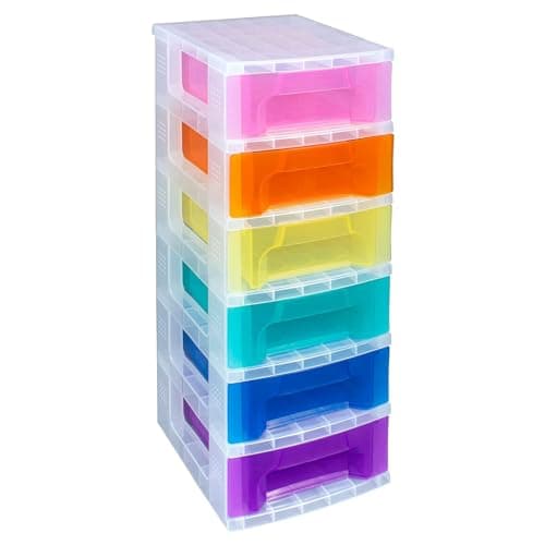 Image of Really Useful Box Plastic Storage Slimline Tower 6x3.5 Litre Clear Frame with Rainbow Drawers